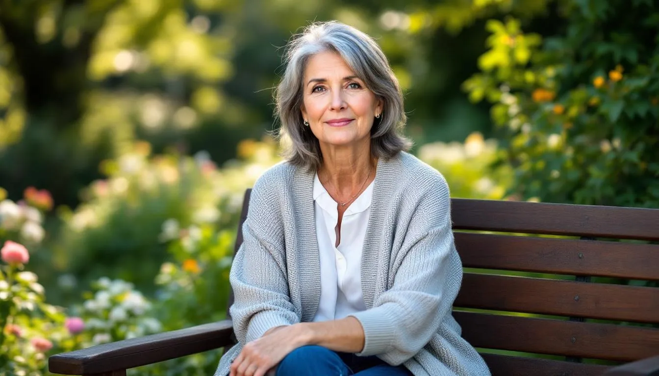 The image depicts a middle-aged woman experiencing menopausal symptoms, including hot flashes and mood swings, as she navigates the challenges of menopause transition. She appears thoughtful, reflecting the emotional and physical changes many women face during this stage of life.