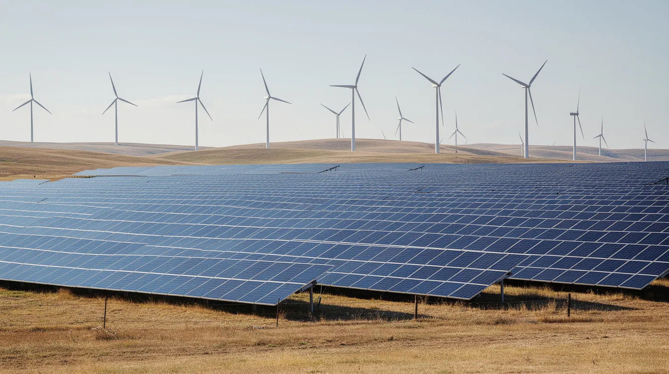 A wide landscape view showcases solar panels and wind turbines spread across open plains under a clear blue sky, representing a renewable energy project that highlights the growing importance of solar power and wind energy in the energy sector. This scene reflects the advancements in renewable energy development and the transition towards sustainable energy solutions.