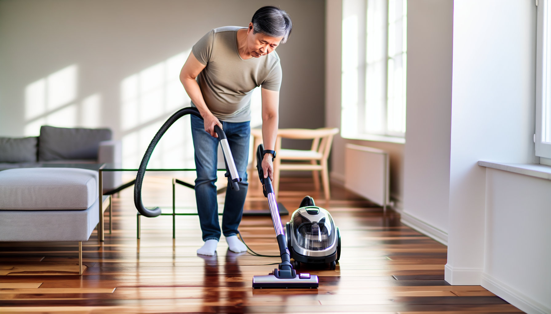 A person using a vacuum cleaner on hardwood floors, illustrating the easy maintenance and health benefits of wood flooring