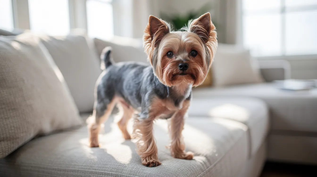 A small blue and tan Yorkshire Terrier is standing on a plush sofa in a bright apartment, showcasing its silky coat and lively demeanor. This little Yorkie, known for its playful temperament, appears to be enjoying the cozy environment of its home.