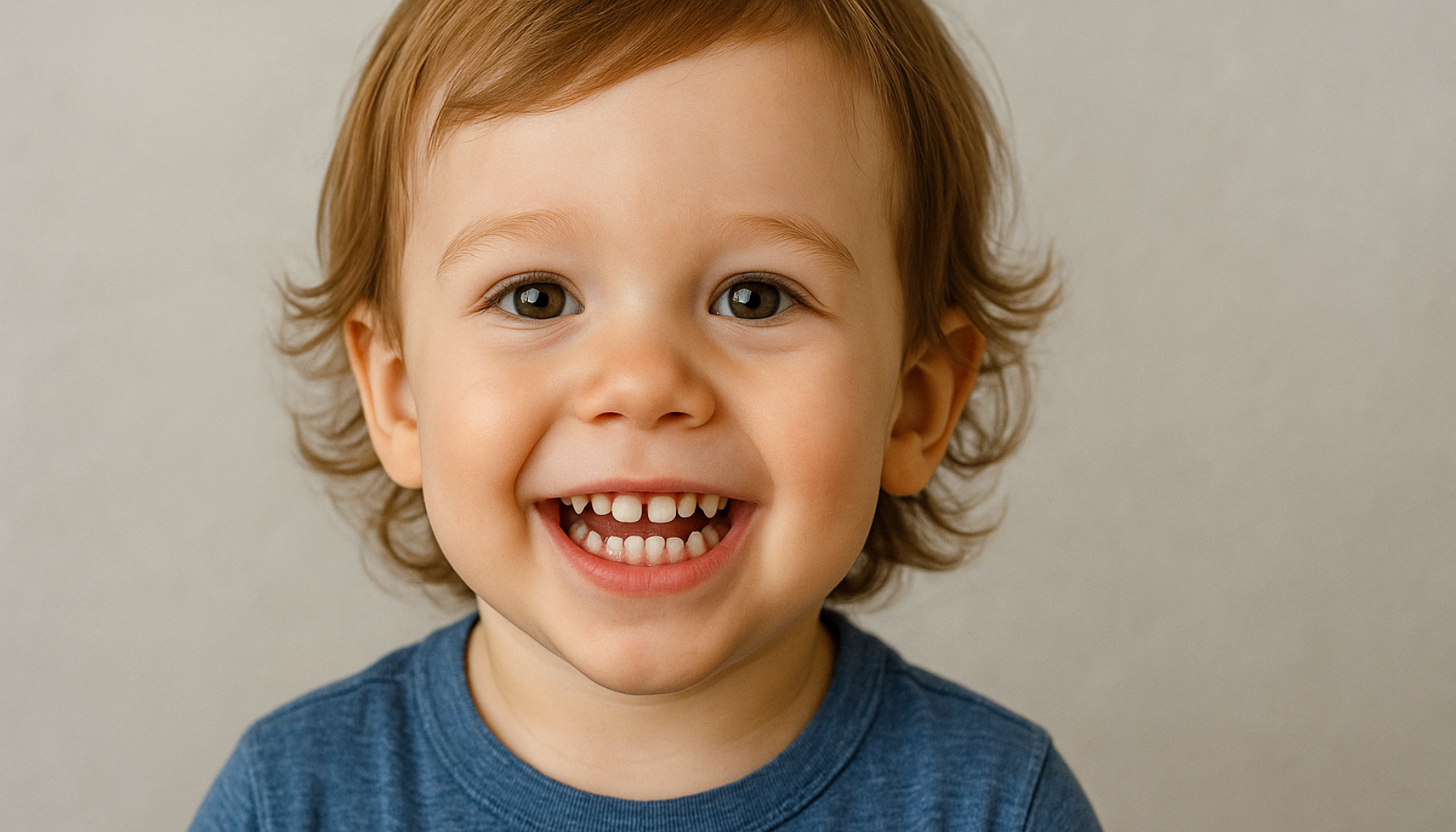 Smilende småbarn med fremvoksende melketenner, naturlig lys og varm bakgrunn som viser sunn tannutvikling.