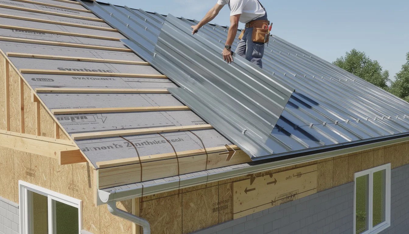 The image depicts a metal roofing installation process, showcasing the placement of underlayment and metal panels by a team of professional roofing contractors. This project highlights the use of durable metal roofing materials, emphasizing the quality and energy efficiency benefits of standing seam metal roofs for building owners.