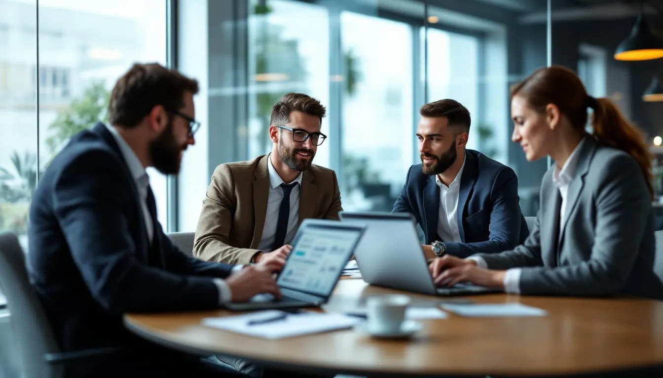 A business team is gathered around a table, reviewing deployment plans and cost analysis on their laptops, which display data analytics and robotic process automation tools. They are discussing strategies to automate routine tasks and enhance operational efficiency through data preparation and integration services.