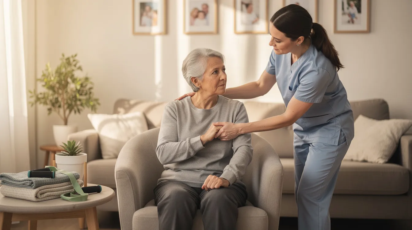 A physiotherapist is gently guiding an elderly patient through stretching exercises in a cozy living room, emphasizing personalized care and pain relief in a comfortable environment. This scene highlights the importance of professional care for long-term health and well-being.