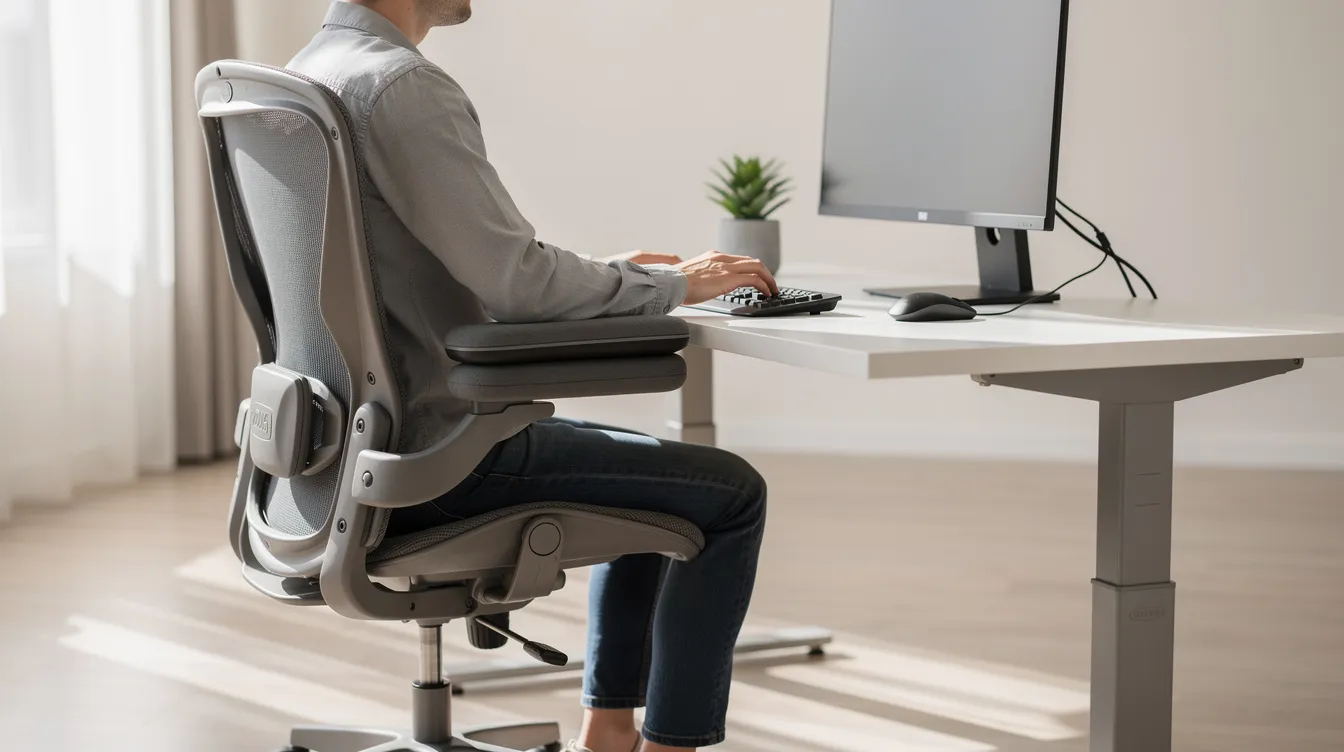Die Abbildung zeigt eine Person, die an einem ergonomisch eingerichteten Schreibtisch sitzt, mit einer gepolsterten Armauflage, was eine aufrechte Sitzhaltung fördert. Diese Anordnung kann helfen, Beschwerden wie eine Schleimbeutelentzündung am Ellenbogen, auch bekannt als Bursitis, zu vermeiden, indem sie Druck und Überlastung im Gelenk reduziert.
