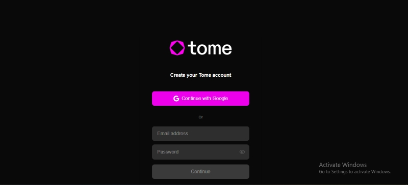 screenshot of tome's signup page
