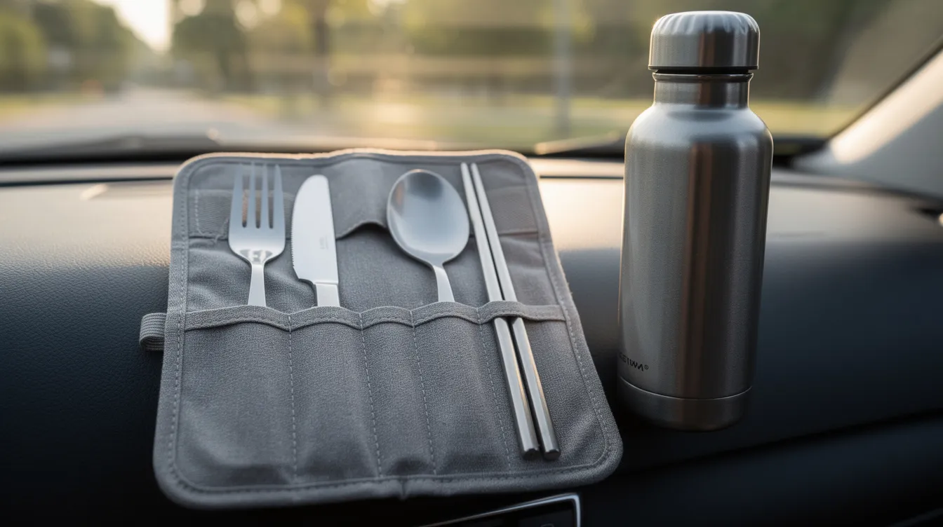 A reusable utensil set, including a knife, fork, and spoon, is neatly rolled up in a cloth case and placed on a car dashboard next to a reusable water bottle. This lightweight and durable camping cutlery is perfect for outdoor meals and comes in a convenient carrying case for your next adventure.