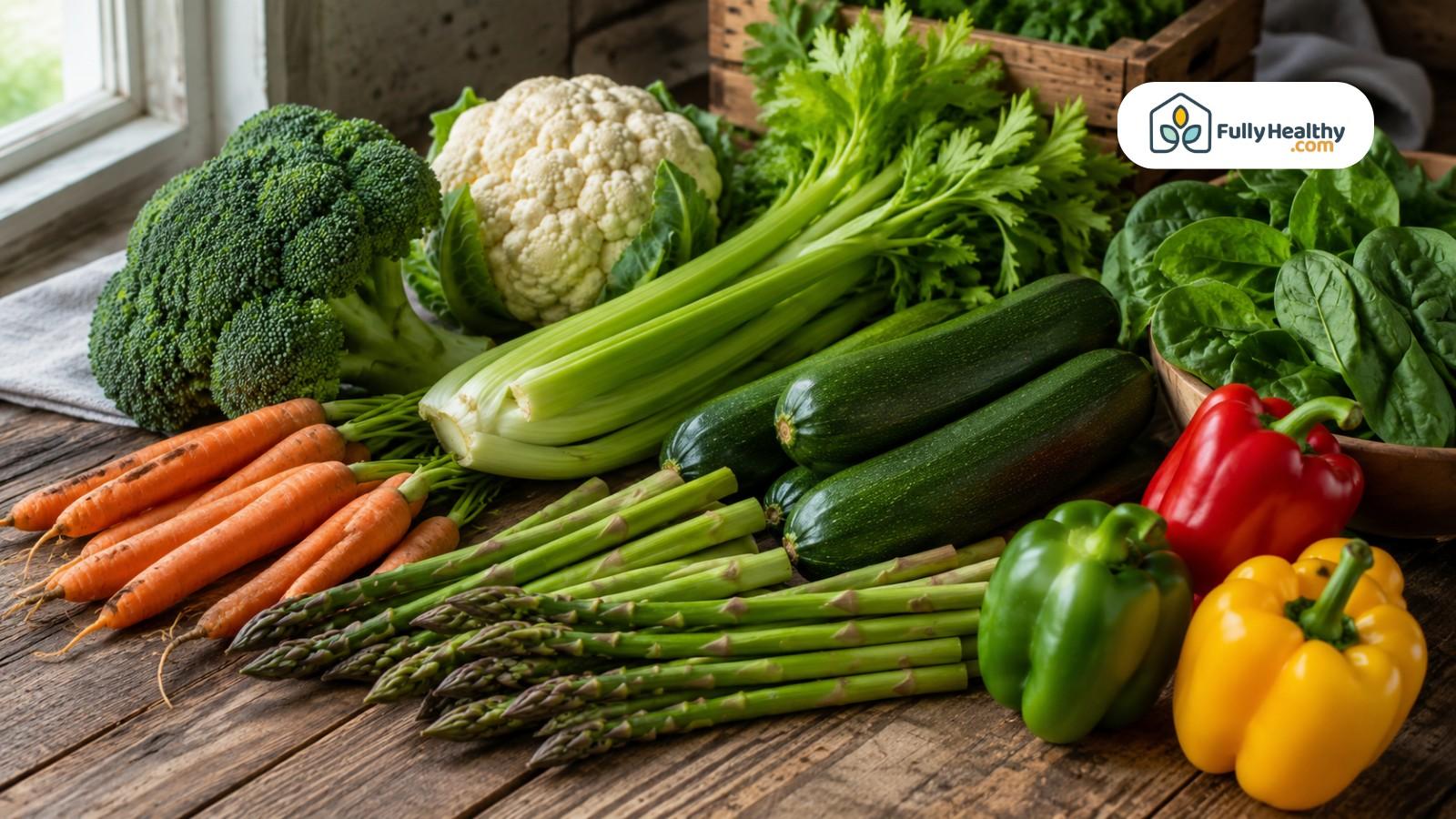 Low-carb vegetables including broccoli, cauliflower, asparagus, zucchini, peppers, spinach, carrots, and celery