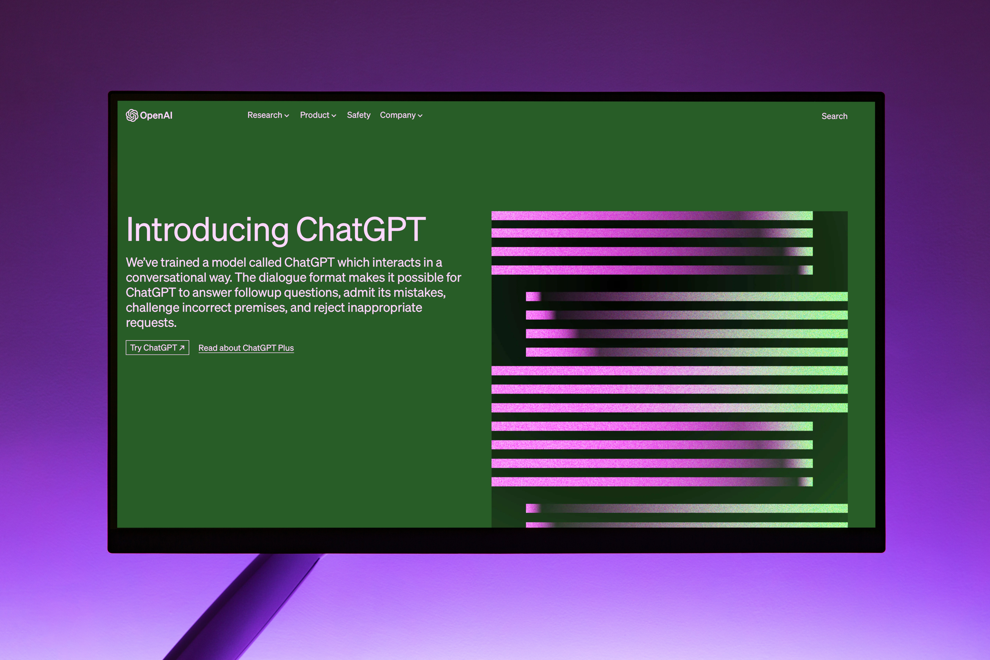 A screen showing the OpenAI landing page. The text on the page says: Introducing ChatGPT.