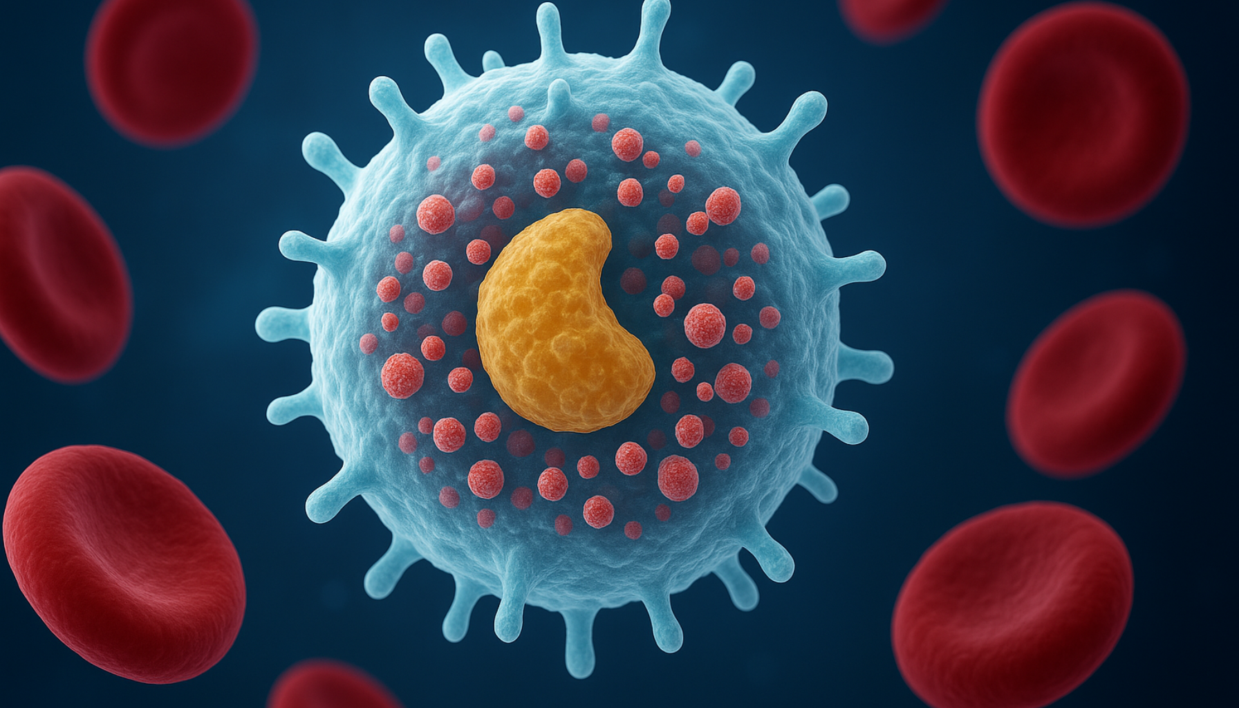 Mikroskopisk bilde av eosinofile celler med rosa granuler omgitt av røde blodceller på blå bakgrunn.