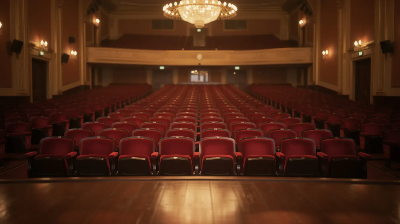 The image shows the interior of a theatre auditorium from the stage perspective, featuring rows of luxurious red velvet seats that create an inviting atmosphere for attendees at a dance recital. This setting is ideal for potential customers looking to buy tickets online for the next event, showcasing the venue's elegance and capacity to accommodate dancers and their families.