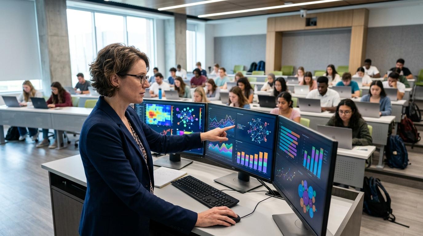 University instructor reviewing colorful analytics dashboards with abstract charts and graphs while students complete secure online assessments in the background.