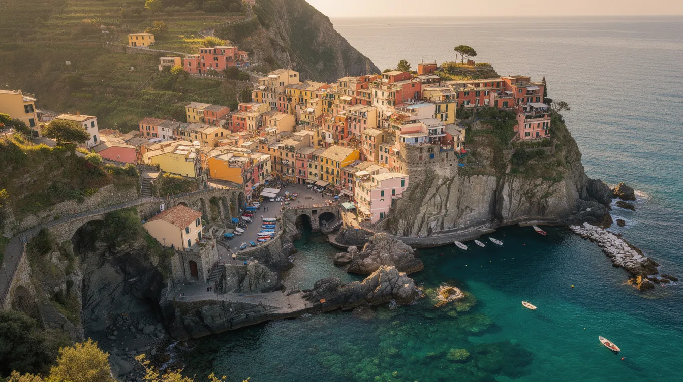 An aerial view showcases a vibrant Italian coastal village, characterized by its terracotta rooftops nestled against the backdrop of sparkling turquoise waters. This picturesque scene highlights the charm of visiting Italy, where travelers can enjoy the benefits of using travel credit cards to save money on foreign transaction fees while exploring.