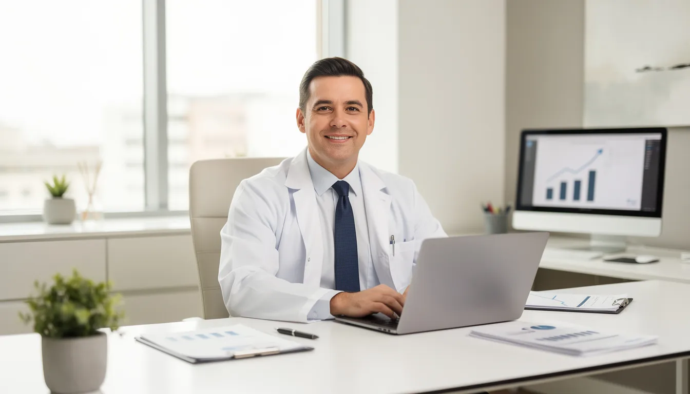 The image depicts a confident dental business owner, dressed in a button-up shirt and tie beneath a white lab coat, seated in a professional office that reflects pride, success, and business growth. The rest of the atmosphere conveys a sense of achievement, likely after securing hassle-free alternative financing to support their operations and enhance cash flow levels for their small business.