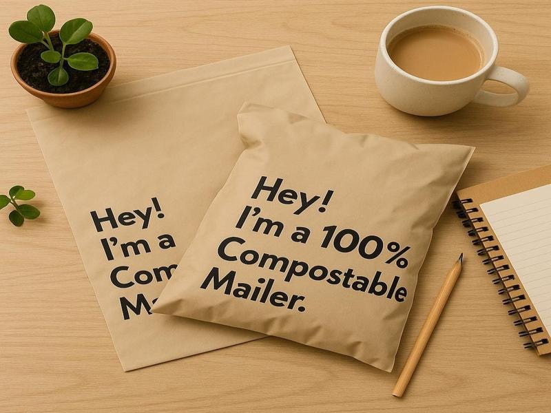 A photo of two brown compostable mailer bags with black text that says, "Hey! I'm a 100% Compostable Mailer." The bags are on a wooden desk with a small green plant, a cup of coffee, a notebook, and a pencil placed around them.