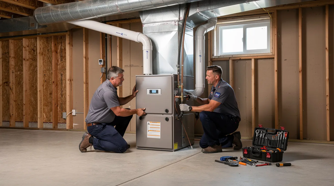 An HVAC technician is installing a new high-efficiency gas furnace in a residential home, ensuring proper placement of the gas valve and heat exchanger for optimal performance. This installation is part of regular furnace maintenance to improve energy efficiency and indoor air quality.