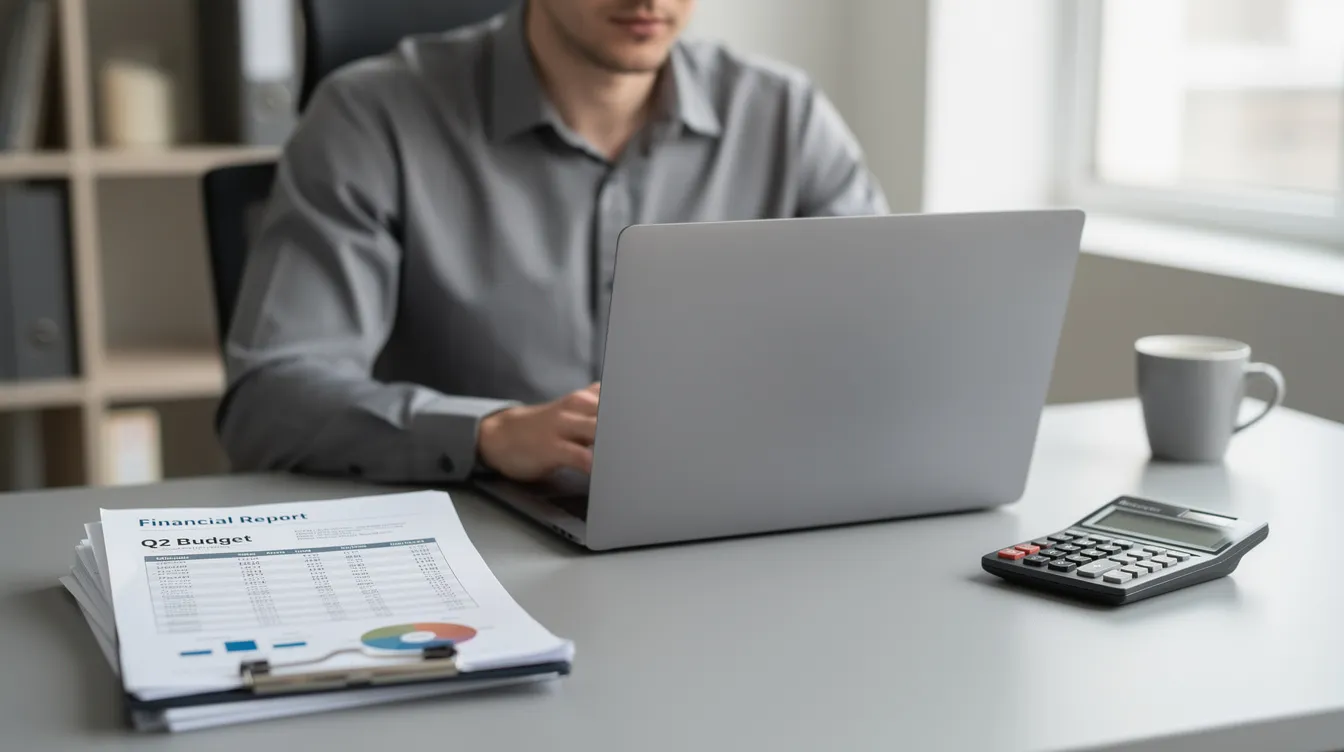 A person is seated at a desk, focused on their laptop while surrounded by financial documents and a calculator, likely preparing to file and pay their sales tax return.