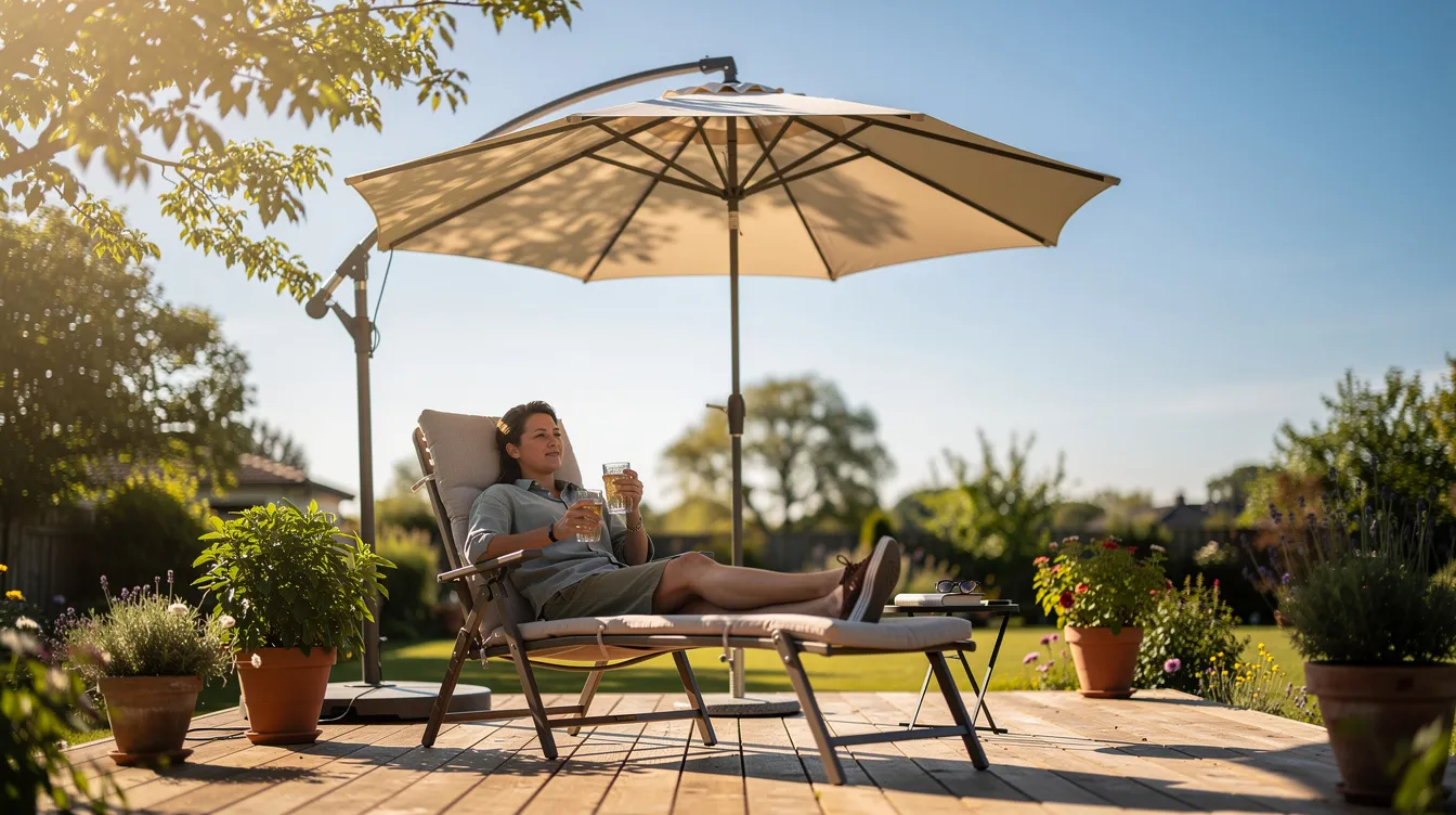 A person is relaxing on a deck beneath a large, lit cantilever patio umbrella, providing shaded comfort on a sunny afternoon. The umbrella features a smooth glide mechanism and a secure locking system, enhancing the outdoor experience.