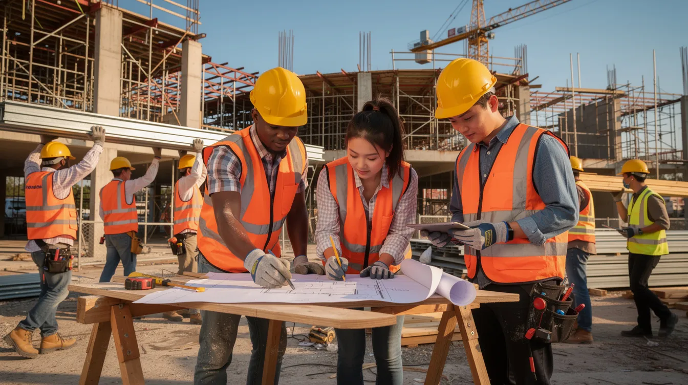A diverse group of young construction workers, all dressed in safety gear, collaborates on a building site, showcasing teamwork and the importance of skills in the construction industry. This image highlights the potential career paths and training programs available for those interested in construction jobs.