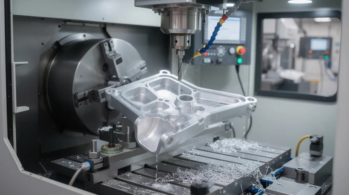 The image depicts a 5-axis CNC machining center in operation, precisely machining a complex aerospace bracket with multiple angled surfaces. This advanced technology showcases the manufacturing process that achieves tight tolerances and high precision, essential for producing intricate components in the aerospace industry.