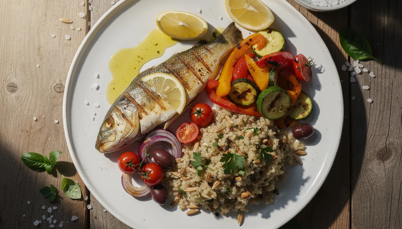 The image features a vibrant Mediterranean-style plate filled with an assortment of colorful vegetables, drizzled with olive oil, alongside grilled fish and whole grains. This healthy diet is beneficial for reversing metabolic syndrome and can help manage blood sugar levels and reduce the risk of heart disease.