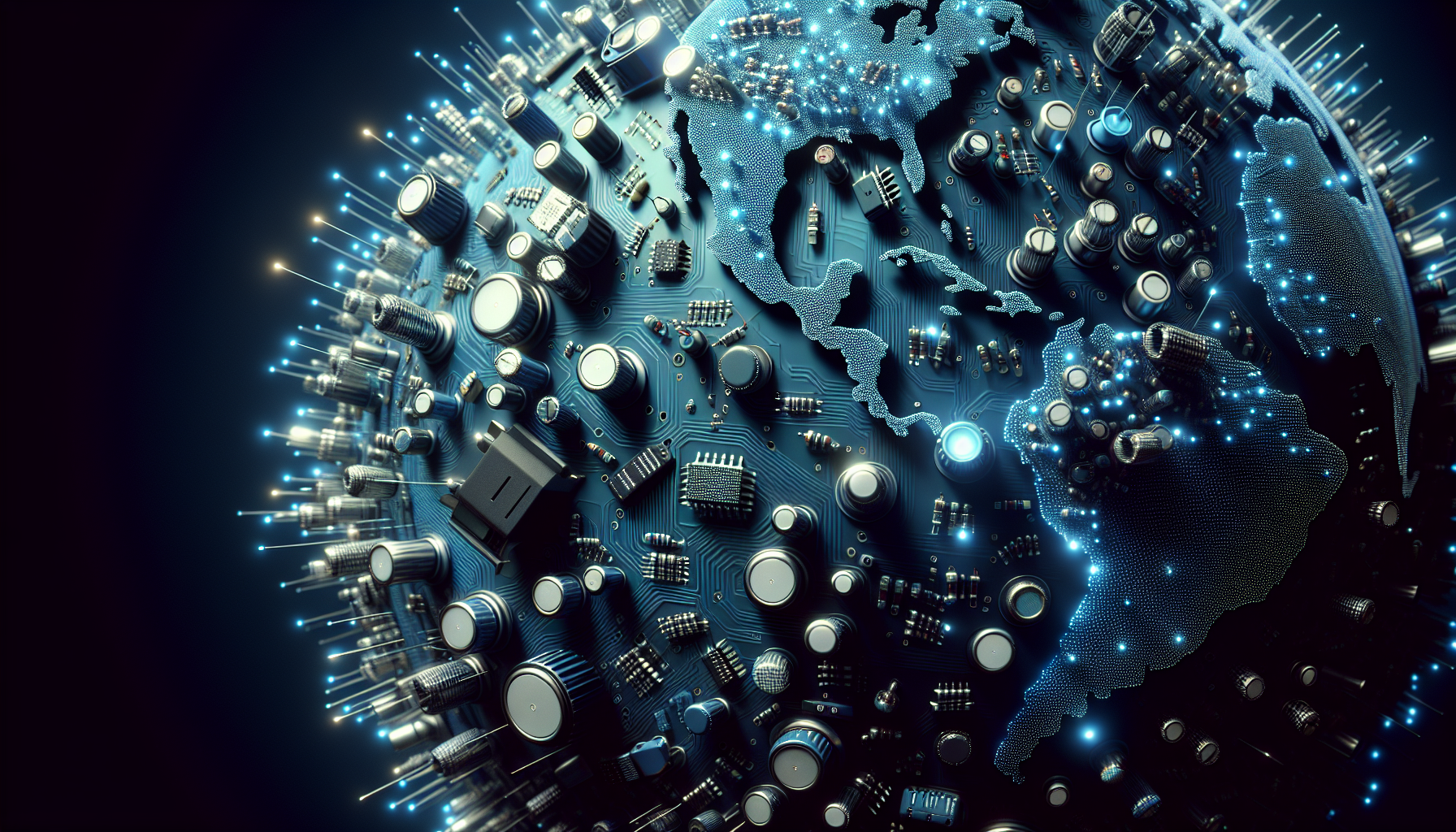 Various electronic components on a globe background