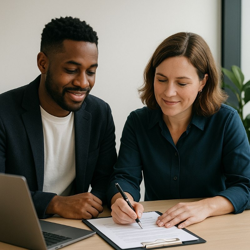A hiring manager and HR partner collaborate at a modern office desk. The woman writes on a job description or interview rubric while the man, seated beside her, listens and smiles. Both are dressed in professional attire with a laptop open beside them. The setting is clean and minimal, with natural light and a potted plant in the background.
