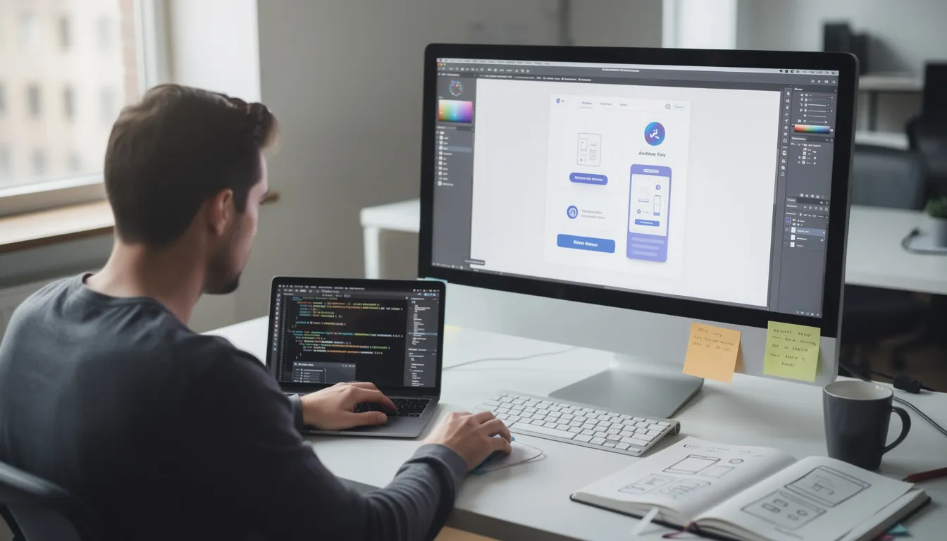 The image depicts a focused individual coding intently on a google workspace (g-suite) user interface design and video conferencing tool surrounded by multiple screens displaying project management tools and customer data. This scene illustrates the modern SaaS applications development process, highlighting the importance of user experience in software as a service solutions.