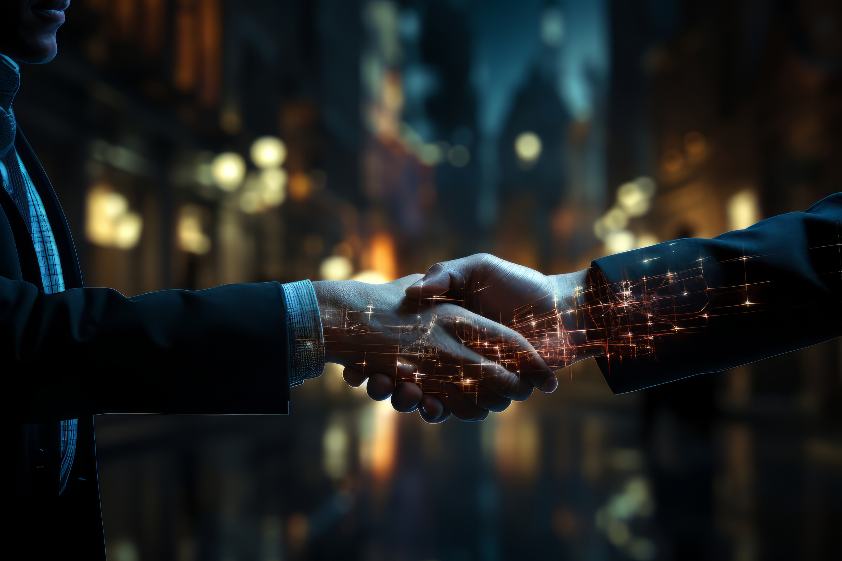 The image depicts a handshake in a futuristic style