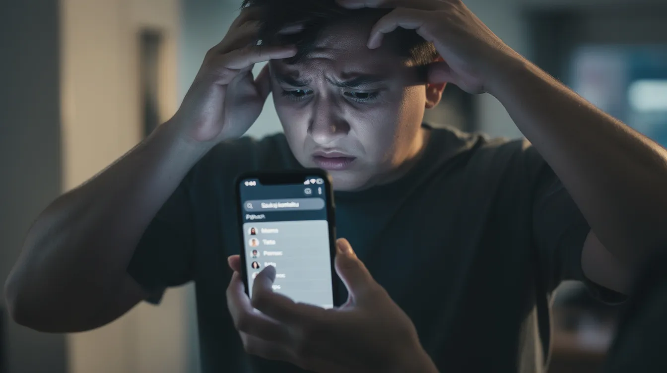Na obrazku widzimy osobę w stresującej sytuacji, trzymającą telefon komórkowy i intensywnie poszukującą numeru kontaktowego. W tle można dostrzec oznaki niepokoju, co sugeruje, że sytuacja może dotyczyć kwestii związanych z zatrzymaniem przez policję lub innymi okolicznościami sprawy.