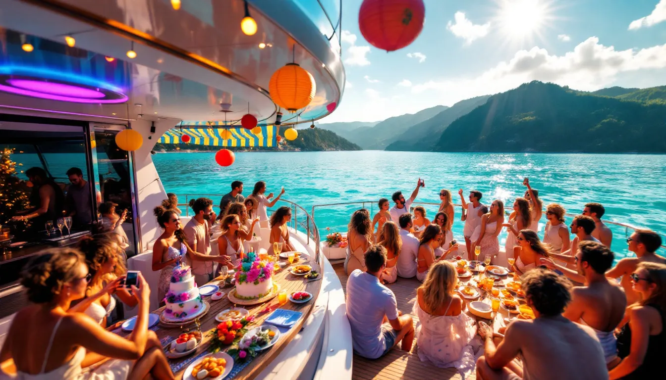 A stunning party boat setting for a birthday celebration, featuring a lively atmosphere and beautiful views.