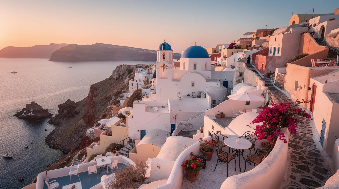 A imagem retrata a bela ilha de Santorini, na Grécia, famosa por suas casas brancas com telhados azuis, que se destacam contra o azul intenso do mar Egeu. Este destino turístico é conhecido por sua rica história e cultura, além de ser um dos locais mais procurados para viagens românticas e vistas deslumbrantes.