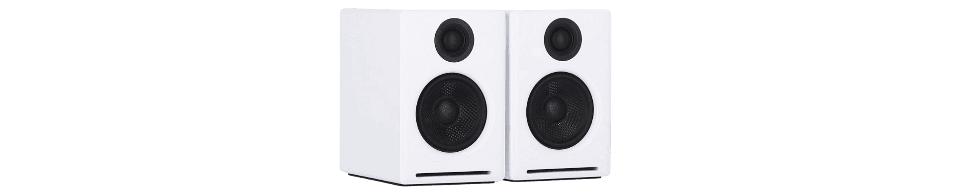 The AudioEngine A2+ speakers provide a frequency response stretching from 65 Hz to 22 kHz