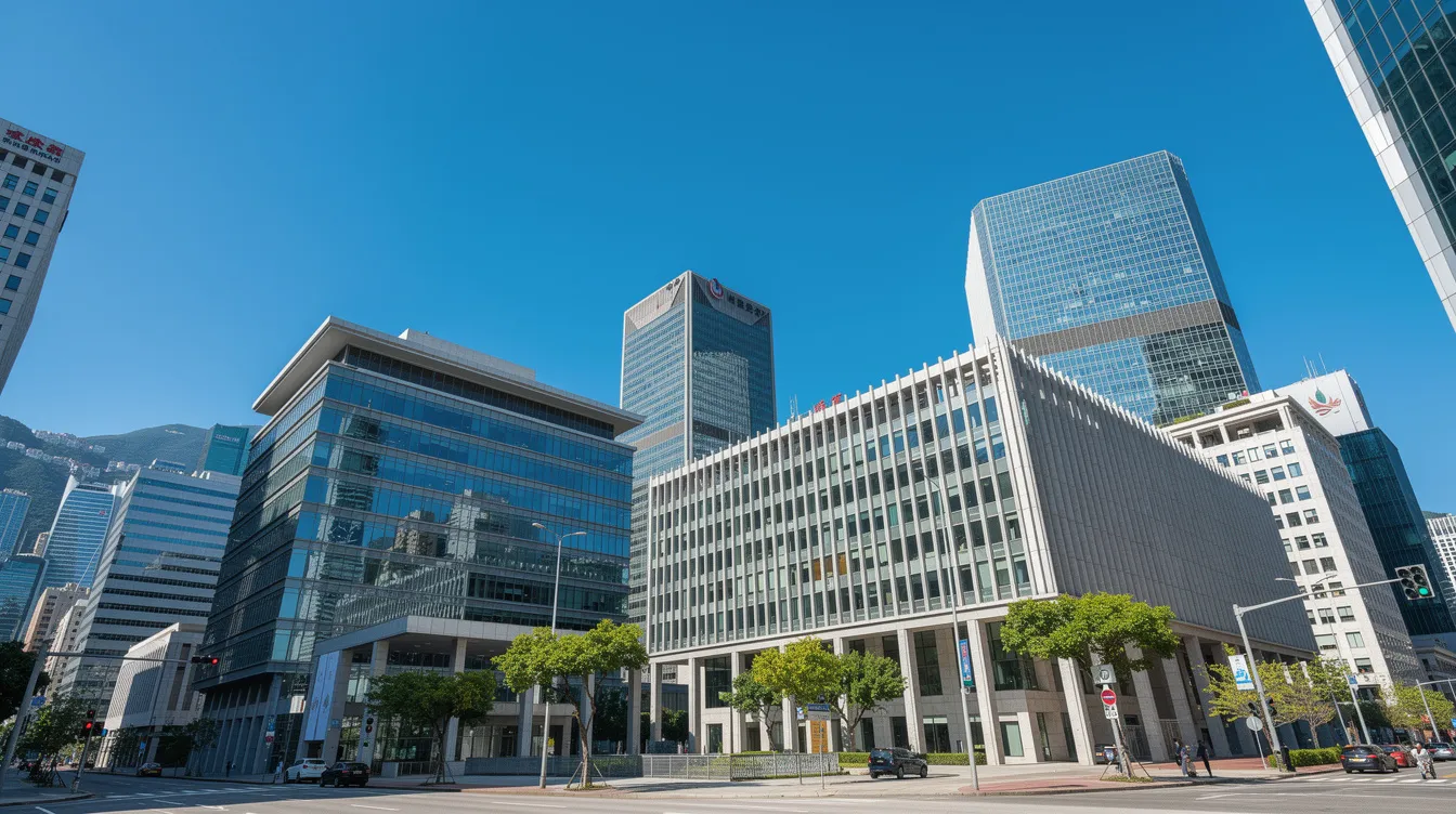 The image features the Hong Kong government district buildings against a clear blue sky, showcasing the architectural design associated with 公務員 的 roles in the city. This vibrant scene reflects the administrative heart of Hong Kong, relevant to 公務員 職位 and their responsibilities as outlined in the 基本 法 及.