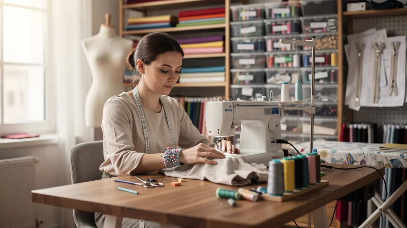 f8db054c c400 42e2 92a3 c50ee7cc006c The image shows a woman focused on her work at a sewing machine in a tidy tailoring workshop, surrounded by neatly organized fabrics and tools. This setting reflects the environment where small business owners can thrive, emphasizing the importance of a clear business plan and good credit history for successful loan applications like the mudra loan.