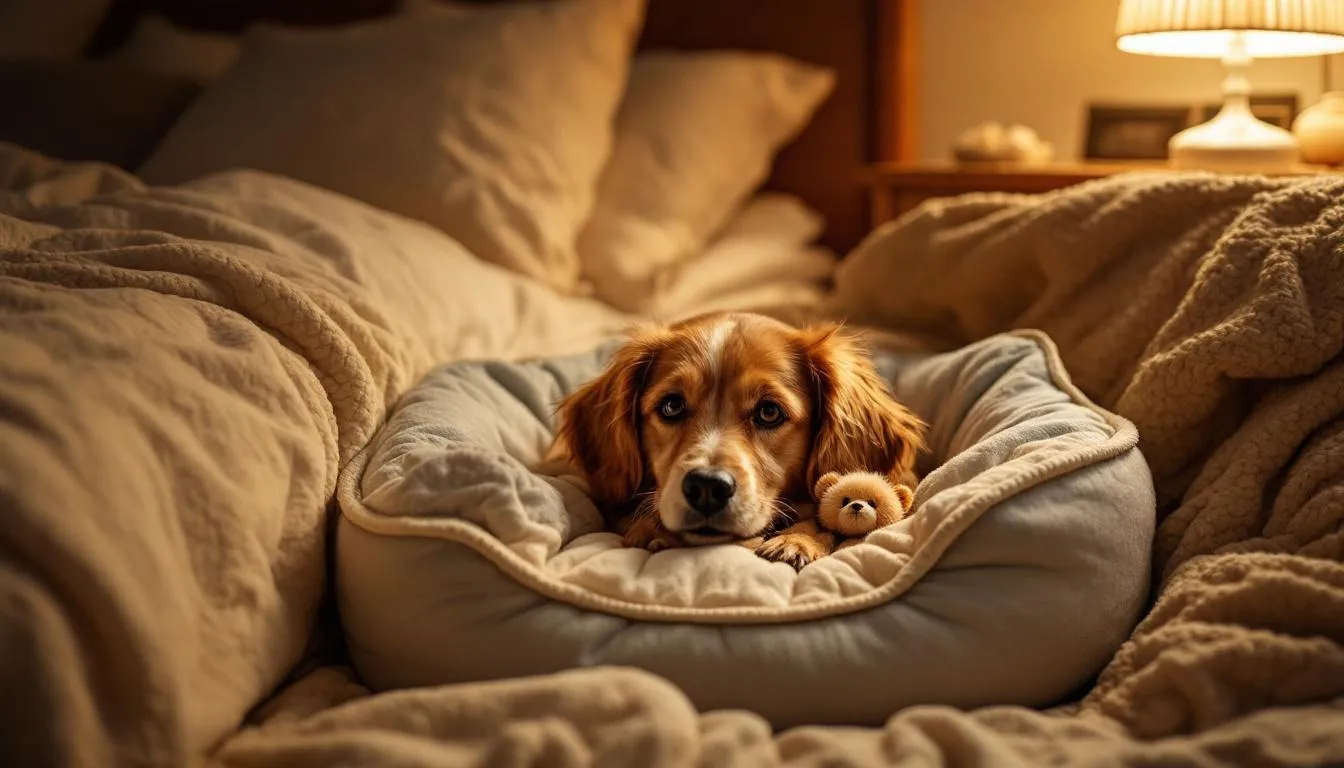A cozy dog bed is set up next to a human bed, featuring soft blankets and a favorite toy, creating a warm and secure space for your furry friend. This inviting setup encourages dogs to sleep at your feet, providing comfort and companionship after a long day.