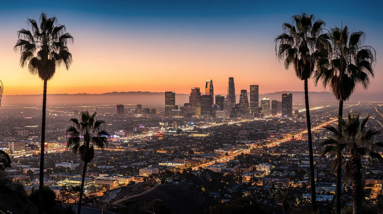 Ein Panoramablick auf Los Angeles zeigt die Stadt bei Sonnenuntergang, während Palmen im Vordergrund stehen und die Lichter der Stadt sich bis zum Horizont erstrecken. Diese Szene erinnert an die romantische Atmosphäre des Films "La La Land", der die Träume und Beziehungen in der Stadt der Engel thematisiert.