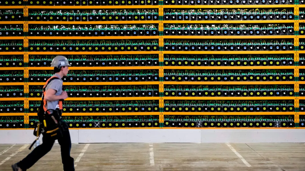 Illustration of man walking in front of Bitcoin miners