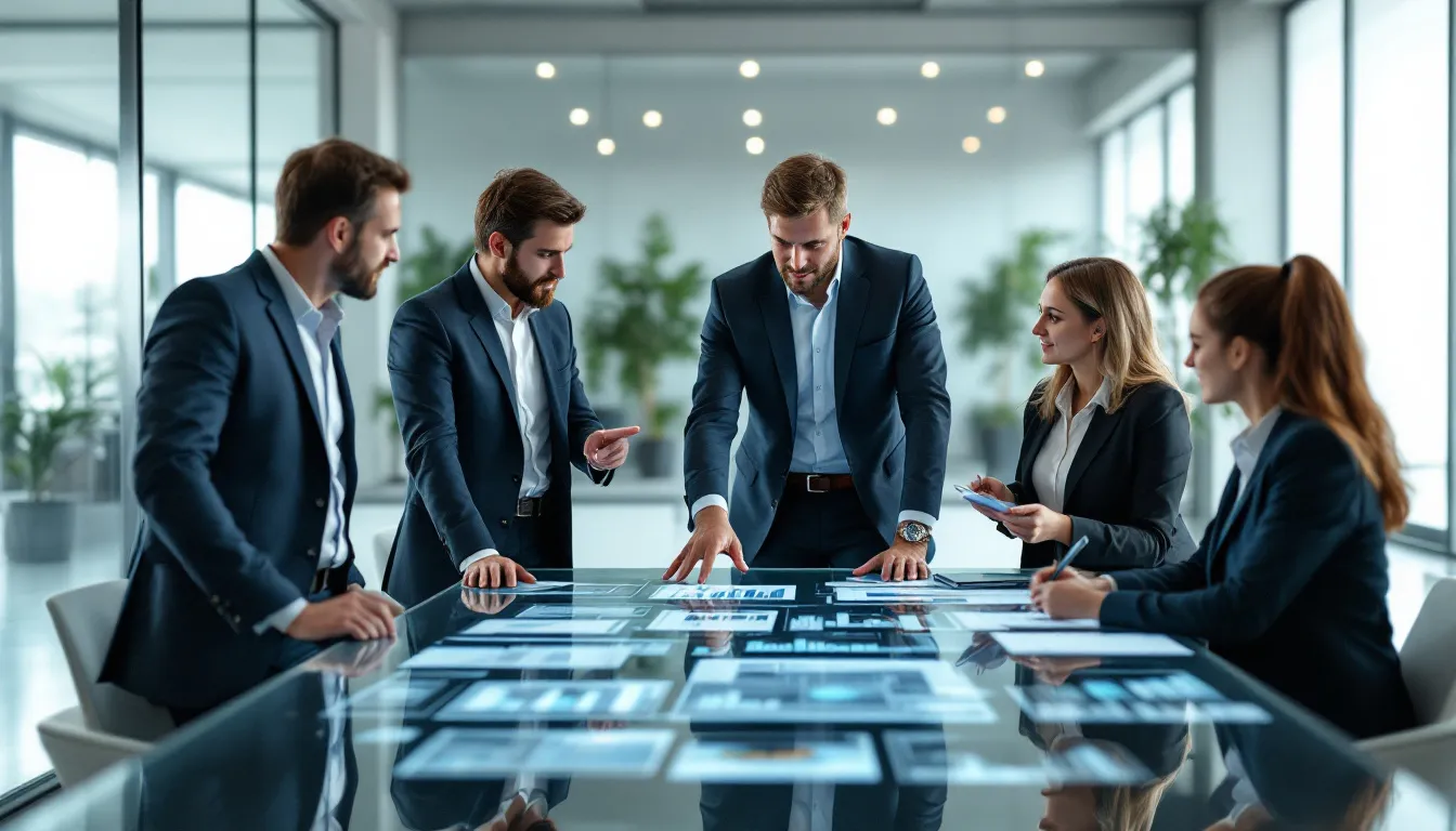 In the image, a group of business professionals is gathered around a conference table, intently analyzing various data charts displayed on a screen, as they discuss strategic decisions related to data management and the efficiency of their organization's processes. The atmosphere reflects a strong focus on big data and technology solutions, highlighting the importance of data virtualization and testing in their decision-making.