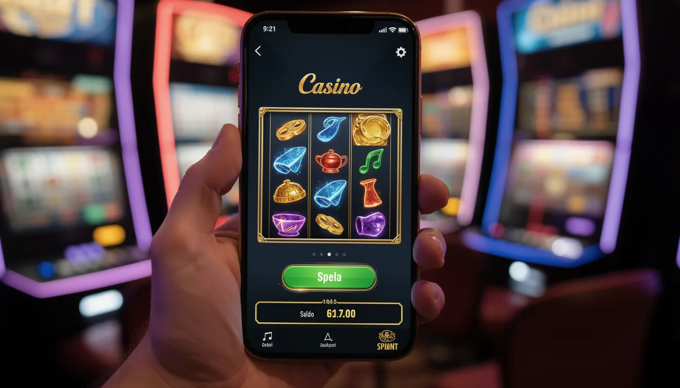 En smartphone visar ett modernt casino-gränssnitt med spelautomater, där användare kan logga in och börja spela hos Frank Fred. Gränssnittet erbjuder ett stort utbud av spel och möjligheten att göra snabba uttag via Swish.