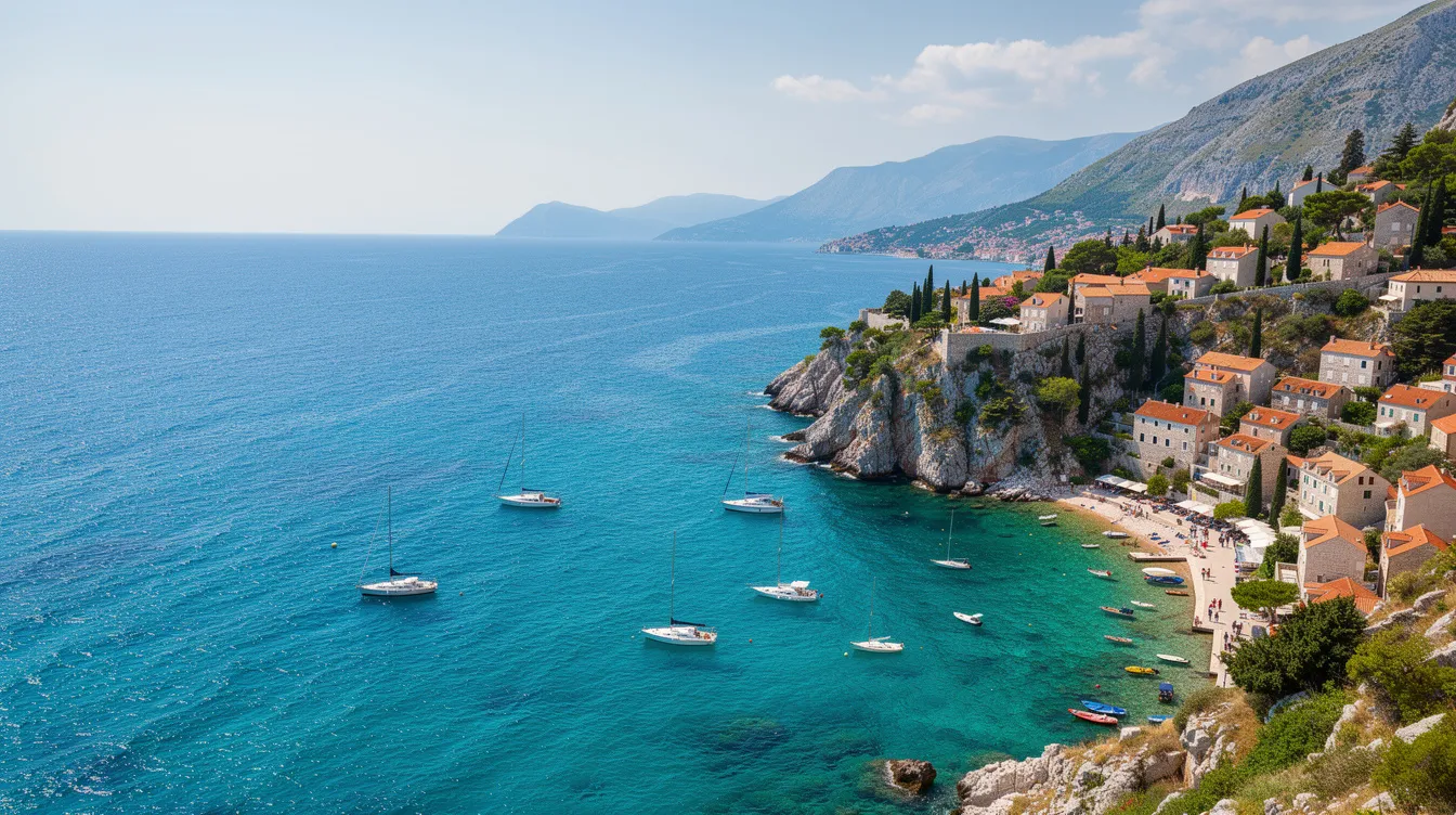 Vista panorâmica da costa croata, com águas turquesa do mar Adriático, barcos ancorados e construções de telhados alaranjados situadas em uma encosta rochosa, refletindo a beleza da região e a história das cidades como Dubrovnik.