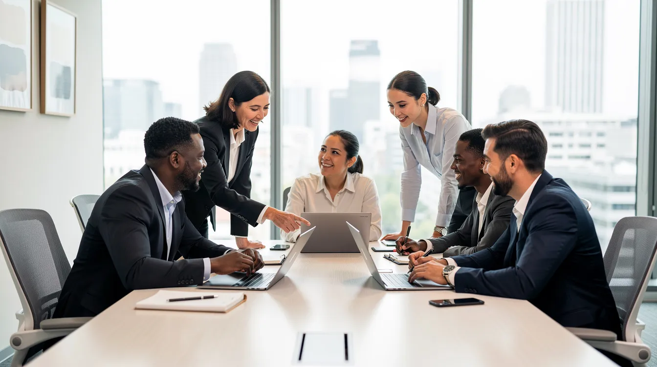 The image depicts a diverse team of HR professionals collaborating around a modern conference table, equipped with laptops and illuminated by natural light. This scene highlights the importance of human insight and relationship building in the hiring process, showcasing how HR leaders leverage AI tools while maintaining a focus on company culture and employee engagement.