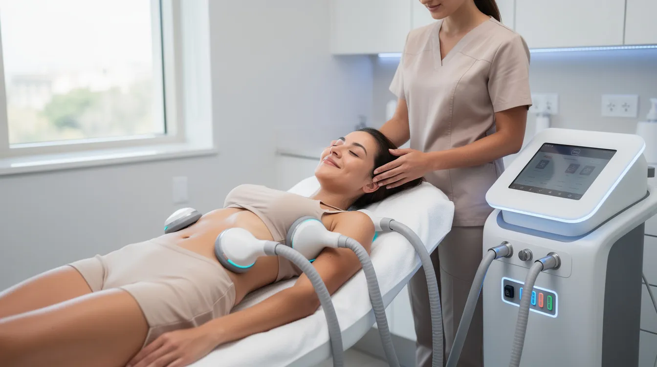 The image depicts a person lying comfortably while receiving a noninvasive body contouring treatment, designed to enhance the buttocks without the need for surgical procedures. This treatment stimulates collagen production to improve skin quality and texture, offering a subtle enhancement to their aesthetic goals.
