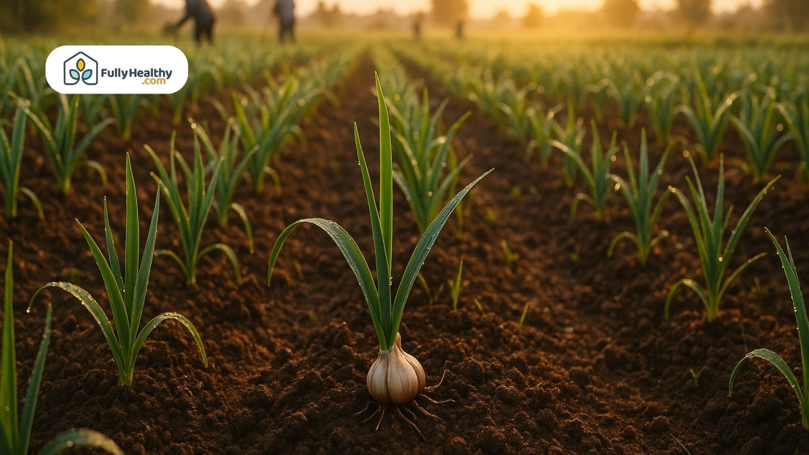 Wide garlic field at sunrise with young green garlic plants growing in rows and dew on leaves.