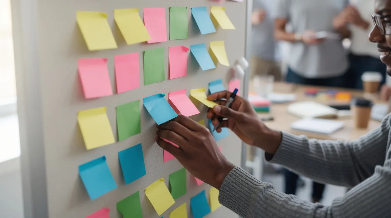 L'image montre des mains disposant des notes adhésives colorées sur un grand tableau mural, illustrant un moment de collaboration lors d'un atelier créatif. Cette activité favorise l'intelligence collective et le développement des compétences au sein d'une équipe, contribuant ainsi à l'innovation et à la performance en entreprise.