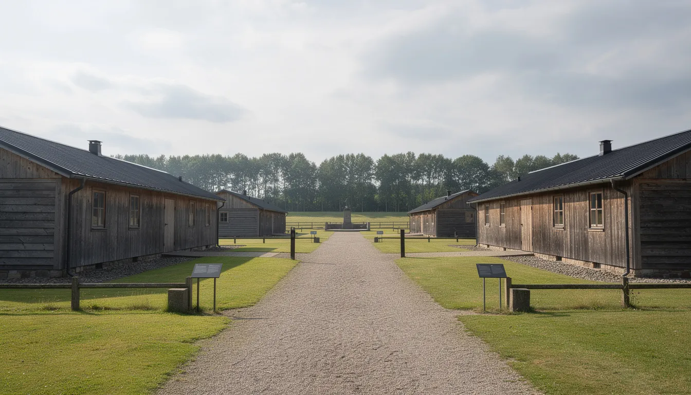 The image depicts the memorial grounds of the Dachau concentration camp, featuring reconstructed barracks along a central pathway. This site serves as a poignant reminder of the suffering endured by concentration camp prisoners during the Nazi regime.