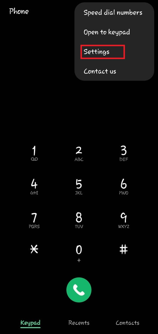 Phone dialer showing settings option
