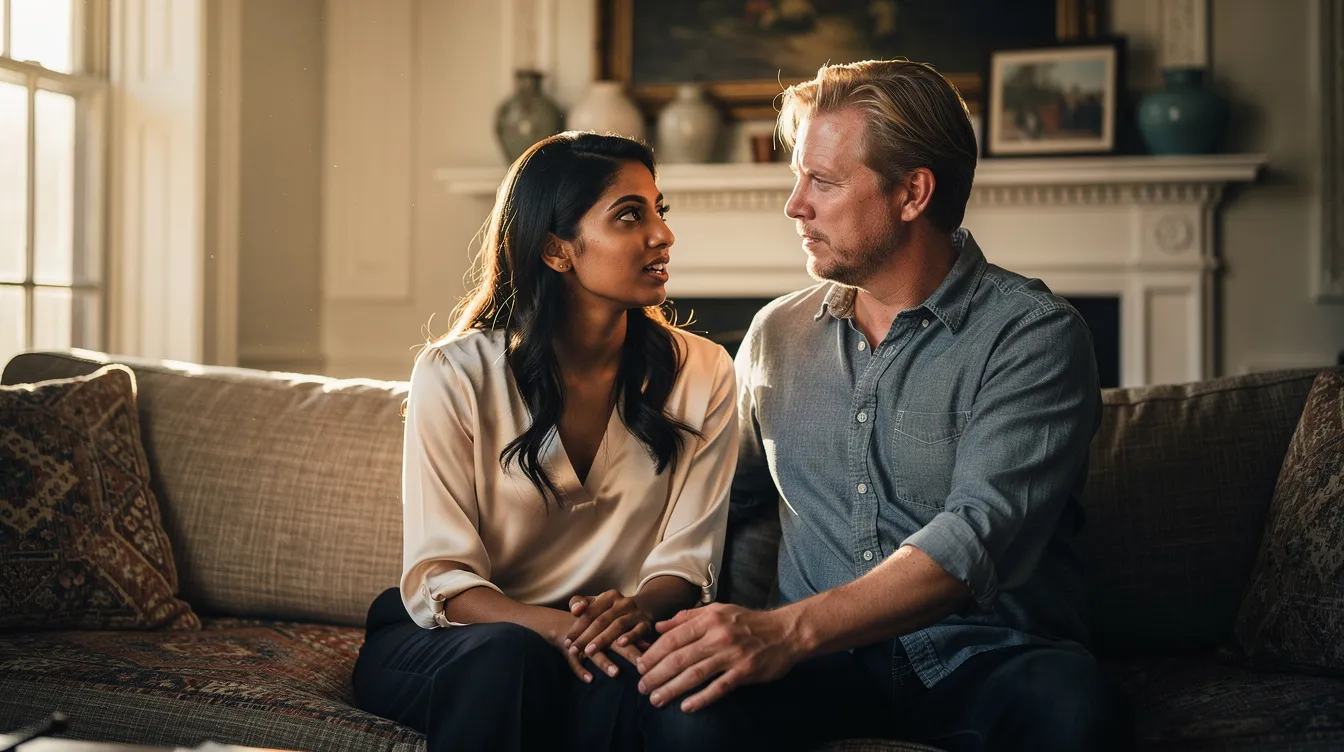 An attractive heterosexual couple in their early 30s sits closely together on a deep linen sectional in a sunlit Brooklyn Heights parlor, conveying emotional safety and connection. The woman, with long dark hair and a soft cream blouse, expresses vulnerability while the man listens intently, his hand gently resting on her knee, creating a moment that embodies the principles of emotionally focused couples therapy.