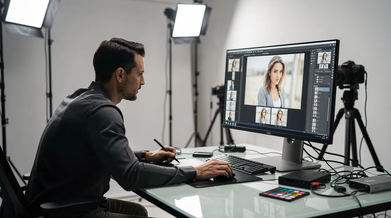 A professional photographer sits in a studio, intently reviewing images displayed on a large monitor, surrounded by photography equipment and soft lighting. The scene captures the focused atmosphere of creativity and technical skill involved in the photography process.