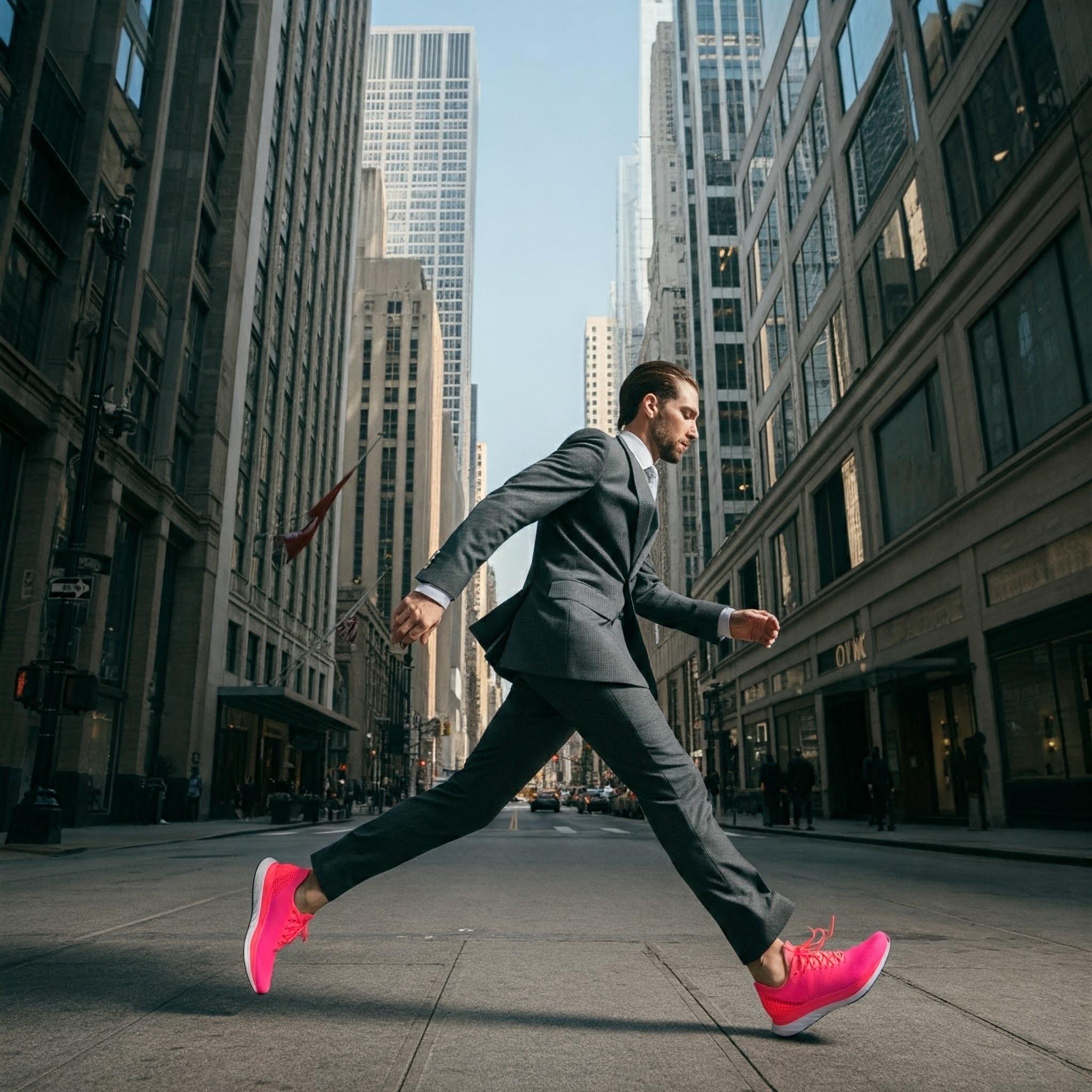 A man in a suit strides energetically across an empty city street between tall buildings, wearing bright pink sneakers. The sky is clear, and the urban setting is bustling with modern architecture.